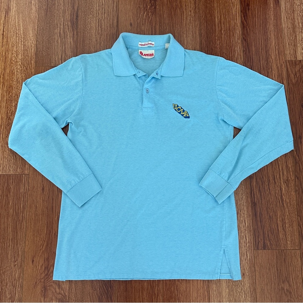 Vintage Lancer UCLA Large Blue Long Sleeve Polo 80s David Winter Embroidered